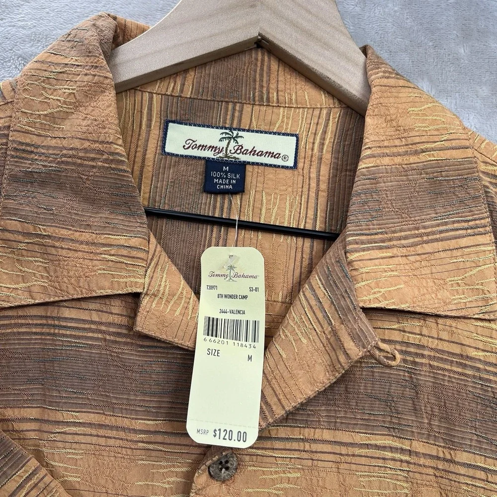 Tommy Bahama Shirt Men's M Silk Orange Brown Striped Short Sleeve NEW